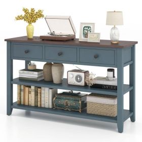 Blue Walnut Top Modern Entryway Console Table 3 Drawer Open Shelves