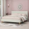 Queen Mid-Century Platform Bed Frame with Cream Velvet Upholstered Headboard