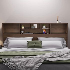 King size Bookcase Headboard in Brown Wood Finish with LED Lights