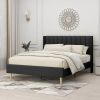 Queen size Mid-Century Black Linen Platform Bed Frame with Upholstered Headboard