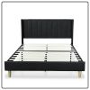 Queen size Mid-Century Black Linen Platform Bed Frame with Upholstered Headboard