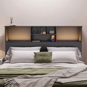 Queen size Bookcase Headboard in Black Wood Finish with LED Lights
